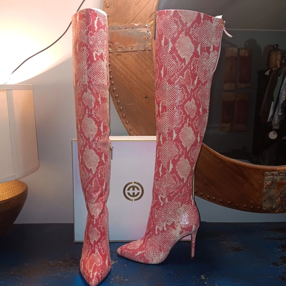 Cecelia New York Leather Pink Snake Print Women's Boots - Picture 3 of 7